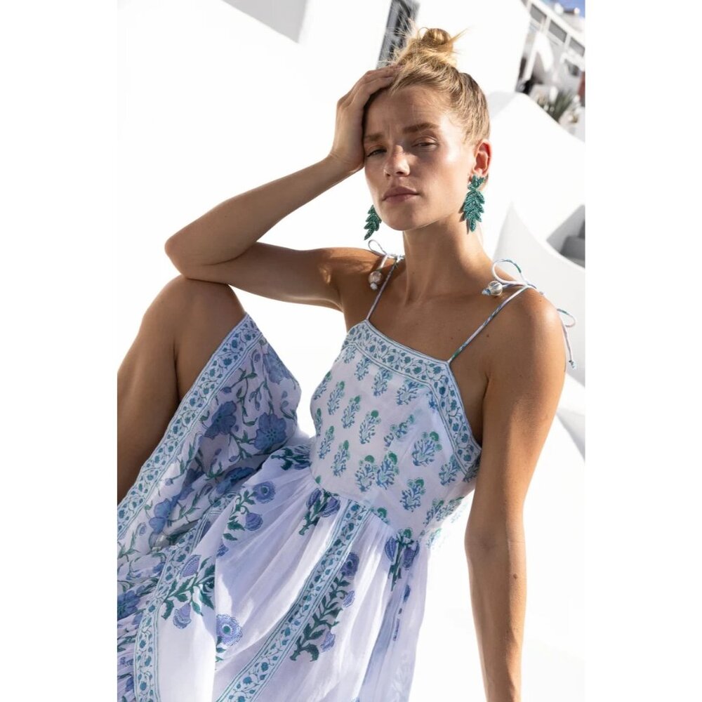 NWT Oliphant Tie Strap Midi in Bloom Blue Blockprint Cotton Tank Dress M - Picture 6 of 8